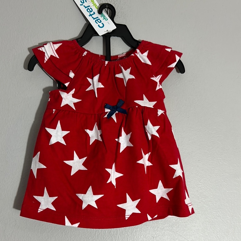 💚5 Carter's Red Star Print Baby Dress 2 piece set size newborn